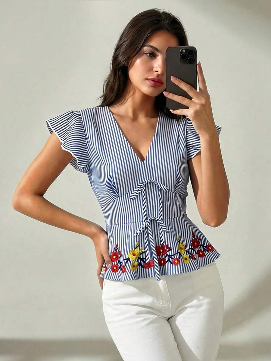 Chiquease Chic Blue And White Striped V Neck Top For Women With Ruffle Cap Sleeve And Floral Plant Pattern - Blue and White - View 1