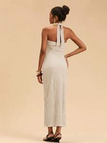 Travachic Women's Solid Color Fitted Elegant Knit Halter Dress - Beige - View 2