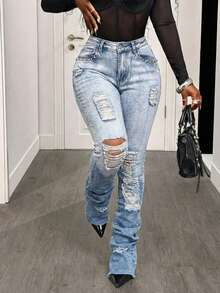 BamGleam 女士破洞渐变铆钉紧身牛仔裤，带斜插口袋 - 淺色水洗藍 - 查看 4