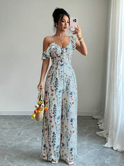 Arcane Artistry Women's Elegant Asymmetric Ruffle Collar Vacation Wide Leg Printed Jumpsuit Bohemian Outfit For Women Casual Jumpsuit Summer Outfits For Women Boho Jumpsuit Floral Print Jumpsuit For Women Floral Outfit For Women Off Shoulder Jumpsuit Floral Jumpsuit Boho Jumpsuit Women Women's Floral Jumpsuit Spring Summer Floral Outfit Zanea Dress For Woman Floral Print Elegant Dress