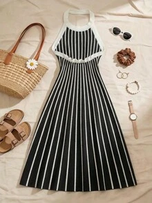 Franclia Women's Striped Elegant And Fashionable Halter Knit Dress - Black - View 2
