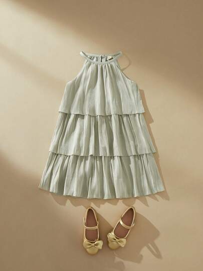 SHEIN Young Girl Solid Color Multi-Layer Ruffle Halter Dress, Vacation