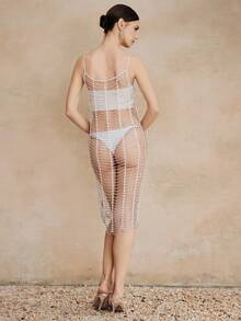 White Chain Layered Splice Hollow Out Slip Dress, Sophisticated Women's Theme Party Avant-Garde Stylish Piece - White - View 2