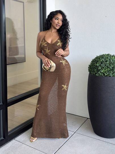 Alexandranx Vestido mini de mujer de malla ajustada de color marrón/café sólido con decoración de estrella de mar de ganchillo, vestido de playa de vacaciones, vestido de ganchillo, vestido de verano, ropa bohemia para mujer de fiesta