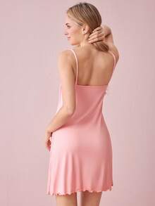 Bonmuse Women's Pink Lace Trim Slit Camisole Nightgown - Pink - View 2