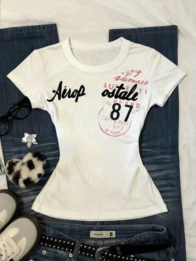 Glimmora Women's Letter Print Short Sleeve Casual Versatile Round Neck T-Shirt