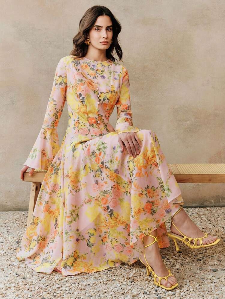 レディース 新作 春夏 小花柄 イエロー 長袖 フレアスリーブ マキシ丈 エレガントなバケーションドレス