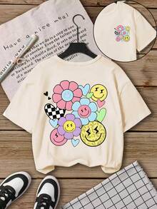 夏季波西米亚风柔软少女笑脸印花短袖T恤，休闲舒适，适合春夏穿着，百搭夏季单品，适合户外活动、野餐、街头摄影、居家、上学、节日庆典等场合，也是馈赠佳品。宽松版型，尽显少女夏日风情。 - 白色 - 查看 2