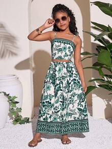 Tween Girl Casual Vacation Print Camisole Top And Mini Skirt Set - Green - View 1