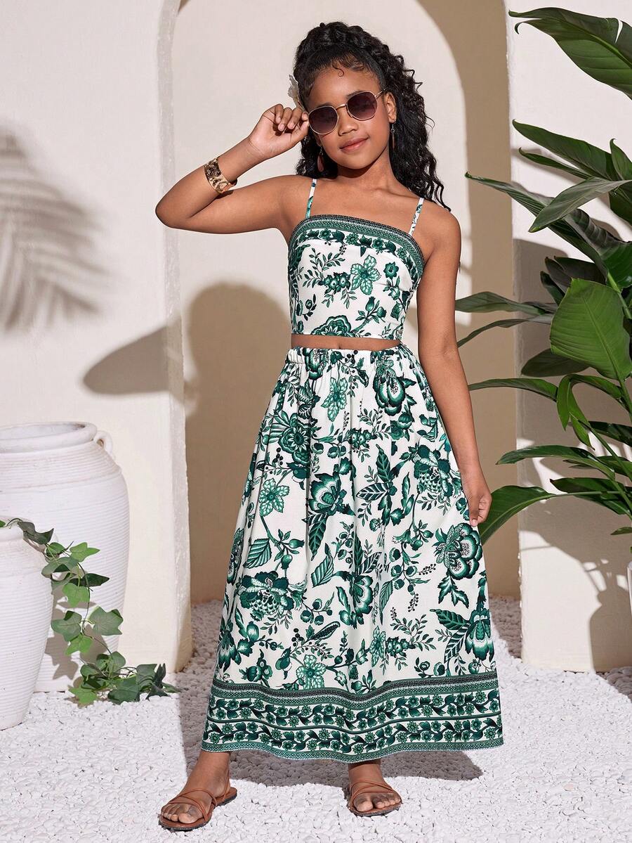 Tween Girl Casual Vacation Print Camisole Top And Mini Skirt Set - Green - View 1