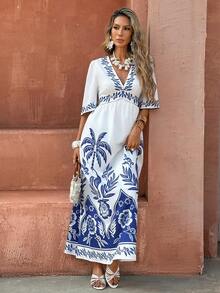 Selianne Women's Elegant Fashion Commuter Casual Comfortable Charming Retro Minimalist Romantic Holiday Short Sleeve V-Neck Waist Gathered A-Line Hem Floral Print Dress - Blue and White - View 4