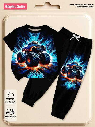 2pcs Set Young Boys Off-Road Vehicle Graphic Print Black Digital Print Fashionable Casual Comfortable Black Round Neck T-Shirt And Black Pants, Boys Short Sleeve Top And Pants Set, Suitable For All Seasons, Streetwear Style For Boys