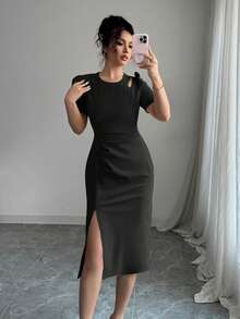 Elenzga Solid Color Round Neck Hollow Out High Slit Short Sleeve Dress - Black - View 3