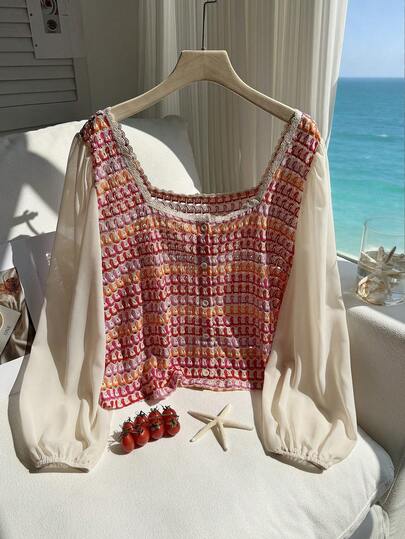 Comfortcana 大码夏季度假钩针灯笼袖薄纱衬衫