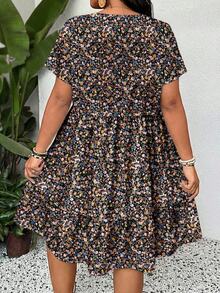 SHEIN LUNE Plus Size Casual Ditsy Floral Dress - Black - View 2