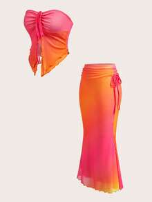 Soleia 全新西部海滩婚礼宾客服装、毕业早午餐、圣帕特里克节、春假、复活节、音乐节、优雅波西米亚风热带返校假期、优雅新款吊带露肩印花网眼上衣和百褶裙两件套 - 彩色 - 查看 11