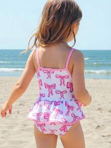 SHEIN 女童连体泳衣，蝴蝶结花卉印花，休闲假日款 - 彩色 - 查看 2