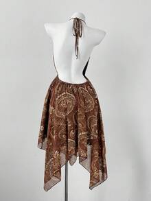 Sunspun 春季、夏季、节日、波西米亚风、嬉皮风、牛仔装、复古新潮设计、西部风、度假风、雪纺印花V领镂空吊带系腰修身雪纺不对称下摆连衣裙、西部服饰、夏季女装 - 彩色 - 查看 2