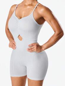 SHEIN Sports 女士无缝灰色运动连体裤，露背镂空设计，适合户外运动、健身、跑步、瑜伽 - 灰色 - 查看 3