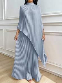 Modelyn 女士纯色立领蝙蝠袖褶皱宽松长连衣裙 - 藍色 - 查看 7