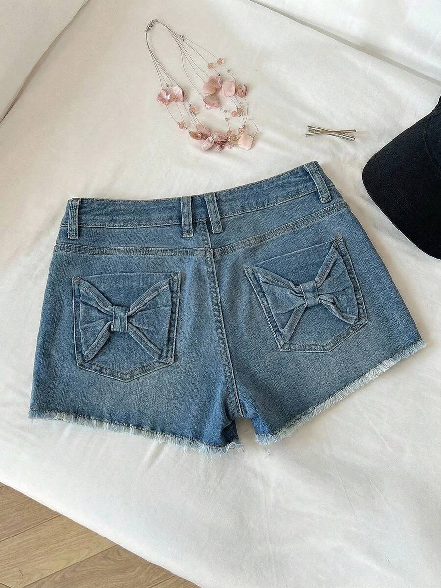 Elamini Women's Summer Casual Denim Shorts With Bow Decor - Light Wash - View 1