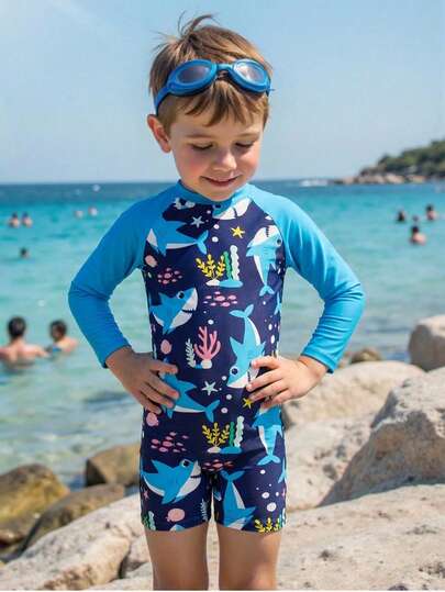 SHEIN 1pc Young Boys' Casual Street Dinosaur Print Patchwork Sleeve One-Piece Knit Swimsuit Summer Outfits Y2k Vacation Tendencias Ss26 Goth Gothic Streetwear Sumwon Burgundy Holiday Vintage Boho Festival Gras Party Cute Birthday Boys Modest Casual Cozy