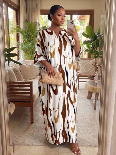 SHEIN Lady CURVE 秋冬休闲白色梭织缺口裹身连体袖长裙大码连衣裙秋季女装外出服女式长袍四季复活节连衣裙女式沙滩装女士商务休闲女装