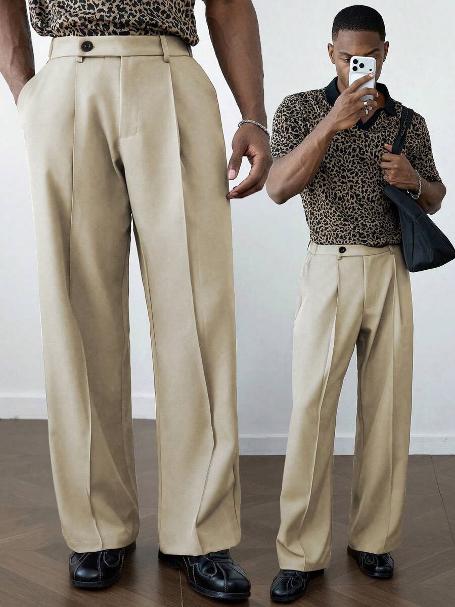 HUEFORM 男士防皱纯色宽松垂坠休闲阔腿裤 - 卡其色 - 查看 1