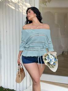 Sunnyshic 女士休闲简约优雅浪漫温柔日常通勤街头风百搭度假野餐设计感上衣，年轻露肩短袖抽绳镂空荷叶边杏色收腰大码套头衫时尚针织钩编毛衣，春夏 - 藍色 - 查看 4