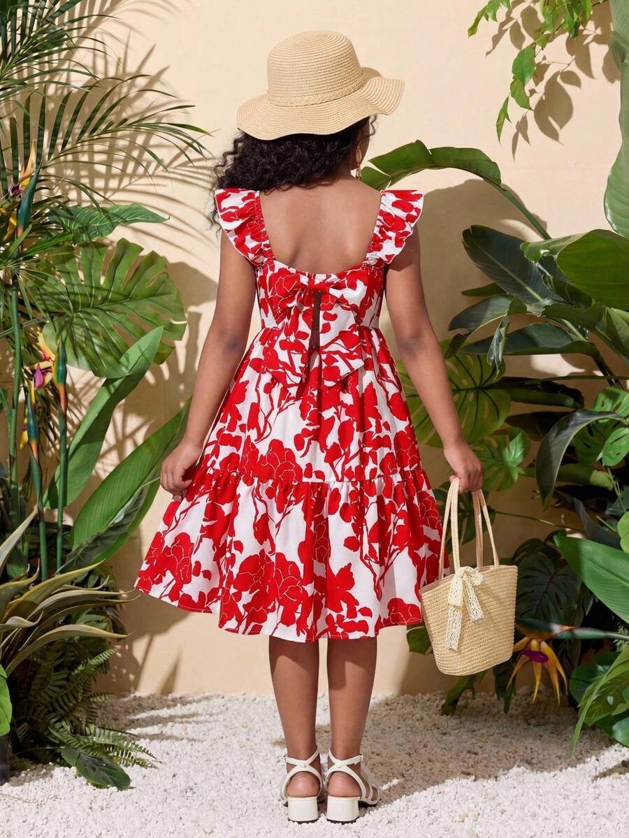 SHEIN 少女款碎花方领荷叶边蝴蝶结露背镂空连衣裙 - 紅色 - 查看 1