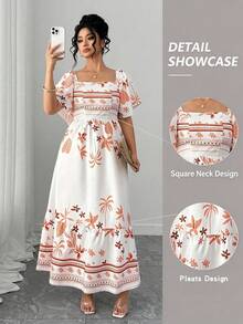 Elenzga Plus Size Elegant Square Neck Leaf Floral Print Back Ruched Waist Short Sleeve Ruffle Hem Maxi Dress Short Sleeve Digital Print Waist Cinched Midi Dress - Multicolor - View 7