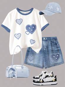 复古铆钉仿牛仔布爱心图案少女休闲圆领短袖T恤短裤两件套，适合春夏日常穿着、居家、上学——春夏服装，女童套装，时尚童装，休闲装，儿童图案服装，春夏时尚，春夏服装 - 彩色 - 查看 3