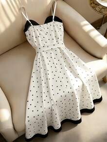 RosyDaze Summer, Holiday, June Festival, New Style, Elegant, Casual, Y2K, Spaghetti Strap Dress, Women's Dress, Polka Dot Dress, Outing Outfit, Beach Vacation, Holiday, Vacation Outing Outfit, Graduation Dress, Patterned Print Dress, Black And White Color Block, Large Hem, Dress - Beige - View 3