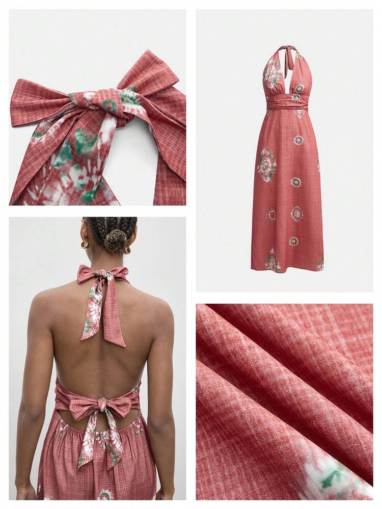 SHEIN Maija Women's Summer Sexy Beach Vacation Spiral Tie-Dye Print Backless Knotted Ruched Waist Dress  St Patrick's Day Women Easter Summer Outfits Easter Dress Women Party Top Beach Dress Summer Holiday Outfits Each Vacation Outfits For Women  Summer Outfit For Women Going Out Outfits Graduation Graduation Outfit  Casual Dresses  Casual Blouses For Women Resort Wear Resort Dresses Pink Floral Dress Women Rose Dress