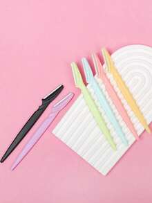 六支装不锈钢眉刀套装，直柄面部毛发修剪器，带安全盖，女士精密美容工具，修容套装，旅行剃须刀，送朋友的礼物 - 彩色 - 查看 4