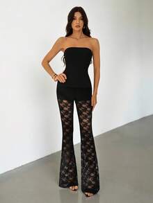 SHEIN Tall Women's Sexy & Elegant Black Lace 2-Piece Set, Includes Thick Ribbed Bandeau Top And Lace Flare Pants, High Elasticity Fabric Contouring Body, Suitable For Dates, Gatherings, Parties, Clubs, Nightlife Mesh Two Pieces Set Black Lace - Black - View 5