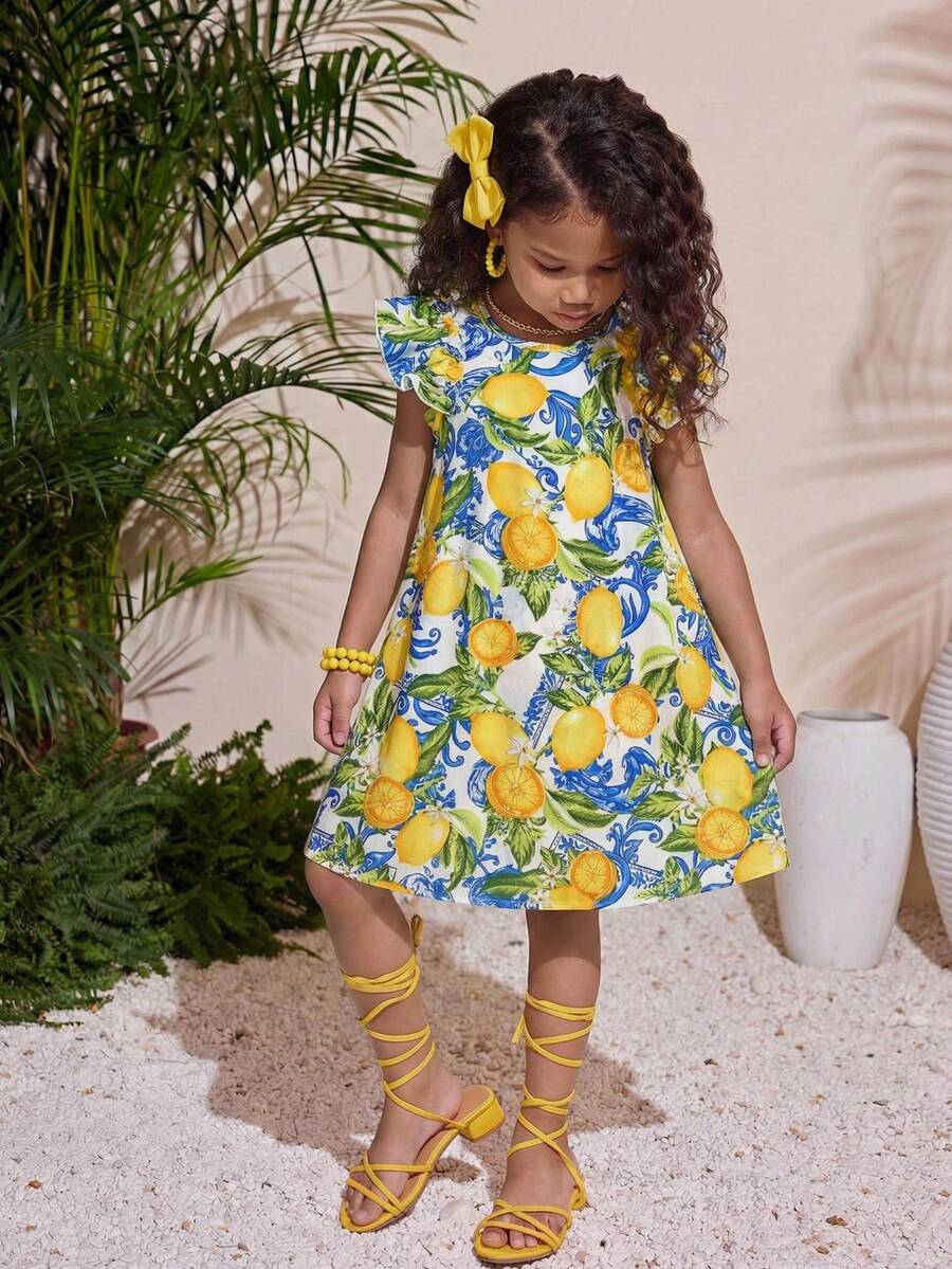 SHEIN Young Girl Frill Trim Keyhole Back Butterfly Sleeve Dress ,Lemon Print Ruffle Sleves Long Dress , Summer Vacation,Mom And Daughter & Sisters Matching Style ,Matching Family Vacation , Holidays,Beach Vacation, Lemon Print Dress For Girls, Girls Summer Dress - Yellow - View 1