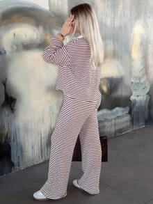 salliqueen 女士两件套宽松条纹V领落肩长袖T恤和松紧腰条纹裤，冬季毛衣套装，秋冬季 - 棕色 - 查看 6