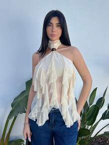 Hitanina 女士优雅多层荷叶边立领修身背心 - 米色 - 查看 4