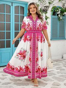 SHEIN CURVE+ Curve 尺码 US22 音乐节、海滨度假、波西米亚风女士印花立领花瓣袖度假连衣裙 - 紅白色 - 查看 8