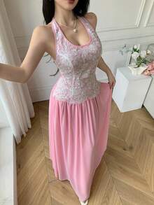 Celisse Abito elegante da donna con collo alla halter, senza schienale, in rete ricamata, vita aderente - Rosa - Visualizzare 4