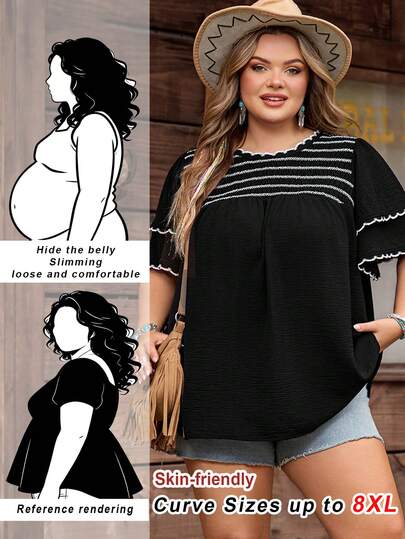 SHEIN CURVE+ Curve Size US22Music Festival, Seaside Vacation, Bohemia Women's Elegant Bohemian Style Double Ruffle Trim Casual Blouse, Summer, Summer Tops