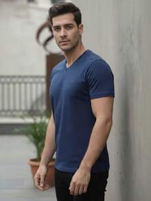 Playera para Caballero Cuello en V Manga Corta Casual Primavera Verano - Azul Marino - Ver 2