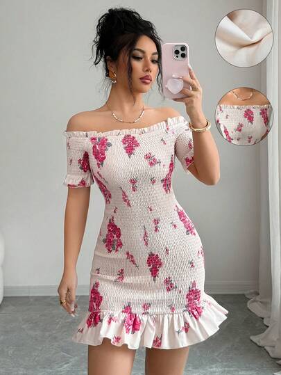 Elenzga Vestido ajustado con estampado floral de manga corta, hombros descubiertos y volantes, elegante, cómodo y de estilo minimalista retro para uso diario o vacaciones, de alta gama y romántico para dama (estampado aleatorio)
