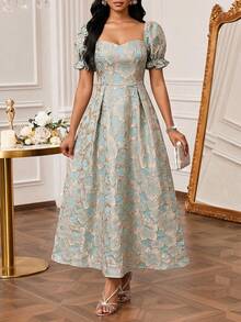 SHEIN Lady Women's Elegant Jacquard Petal Sleeve Ruched Waist Flared Hem Party Dress, Summer - Multicolor - View 6