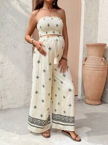 SHEIN 2pcs Maternity Floral Print Tube Top And Adjustable Waist Pants Set, Vacation - Khaki - View 4