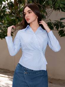 Bris Aura 女式蓝白条纹翻领长袖商务、商务休闲女装、90 年代服装、秋季服装、衣服、商务休闲女装、返校、女式衬衫、外出上衣、长袖衬衫、工作女式衬衫情人节 - 藍白色 - 查看 6