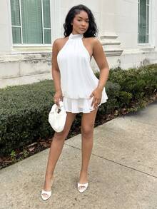 Alexandranx Robe mini élégante à col ras-du-cou jaune clair pour femmes, robes blanches pour femmes pour soirée - Blanc - Voir 4