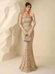 Coutiva Vestido de noche de alta gama para mujer con decoración de perlas falsas, vestido formal elegante para banquetes y fiestas - Albaricoque - Ver 4