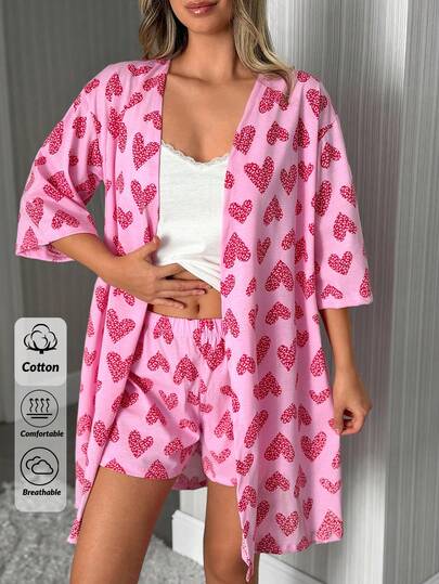 SHEIN 3 pezzi Set pigiama da donna in cotone, composto da: Top rosa con dettagli in pizzo e spalline sexy, Vestaglia con cintura e motivo a cuori a contrasto, Pantaloni lunghi comodi e casual
